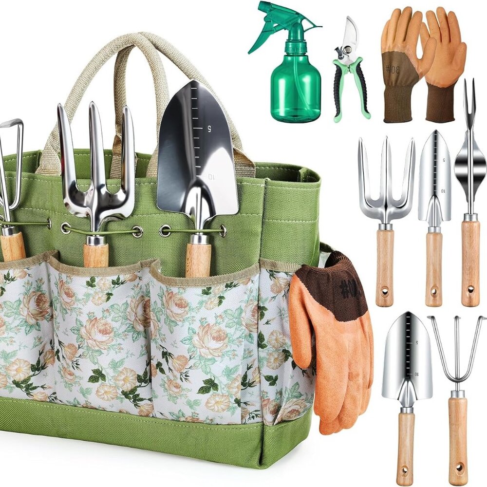 Heavy Duty 9- Piece Gardening Hand Tools with Fashion and Durable Garden Bag